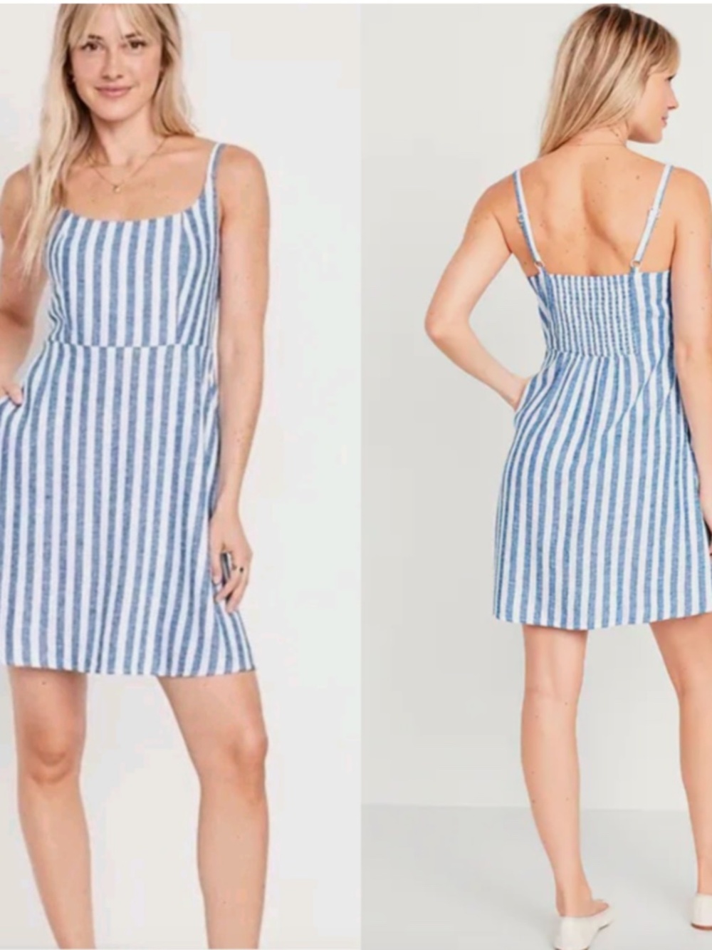 NWOT Old Navy Fit & Flare Linen Blend Blue Striped Cami Mini Dress Size M